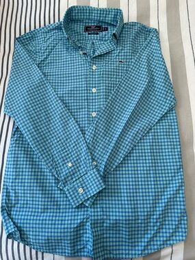 Vineyard Vines Teal and Blue Gingham Button-Down Shirt